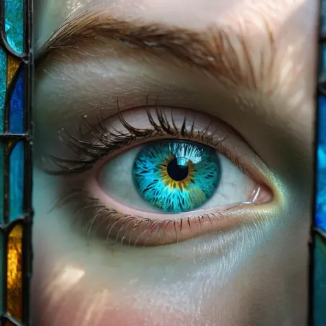 RAW photo, beautiful eyes, (bright aquamarine blue eyes), macro shot, masterpiece, peeking from behind stained glass, colorful details, award winning, high detailed, 8k, natural lighting, analog film, detailed skin, amazing composition, intricate details, ...