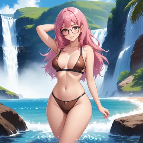 (masterpiece, best quality:1.2), cowboy shot, (solo, 1girl), glasses, long fluffy pink hair, gorgeous body, cowboy shot, slight smile, crop top, (sexy semitransparent (brown) swimswit), stomach, navel exposed, natural mid breasts, pink breasts niples benea...