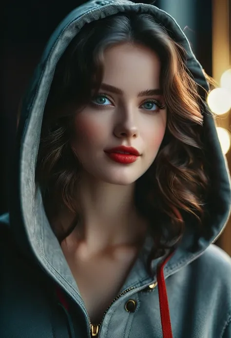 (((ultra realistic))) Photo, masterpiece, top quality, (pale skin), (Ultra detailed face and eyes:1.2), Bright eyes,  1 girl, hood, Dark background, (Eye makeup, mascara) , ((Dark wavy hair)) , ((Stylish hairstyle)) , (Natural breasts), (A slight smile), (...