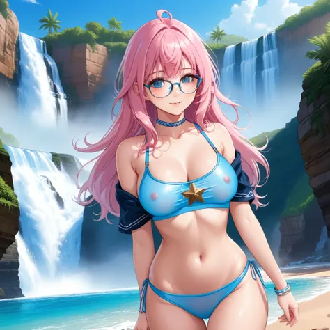 (masterpiece, best quality:1.2), cowboy shot, (solo, 1girl), glasses, long fluffy pink hair, gorgeous body, cowboy shot, slight smile, crop top, (sexy transparent (baby blue) swimswit), stomach, navel exposed, natural mid breasts, pink breasts niples benea...