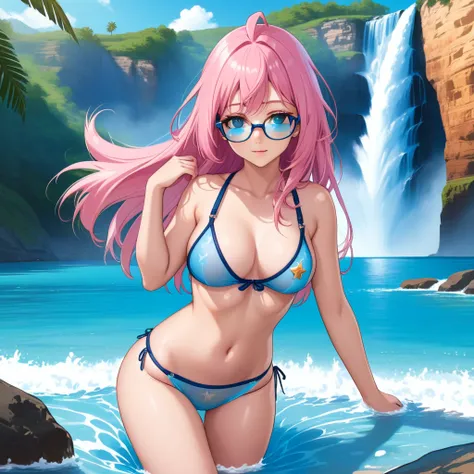 (masterpiece, best quality:1.2), cowboy shot, (solo, 1girl), glasses, long fluffy pink hair, gorgeous body, cowboy shot, slight smile, crop top, (sexy transparent (baby blue) swimswit), stomach, navel exposed, natural mid breasts, pink breasts niples benea...