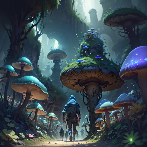 a group of fantasy adventurers exploring a dungeon, attacked by carnivorous mushrooms, assorted sizes from toothy but comically slow to bigger than a man, wild colors, some glow, hyperrealistic, highly detailed, fantasy, dark fantasy, dramatic lighting, ci...