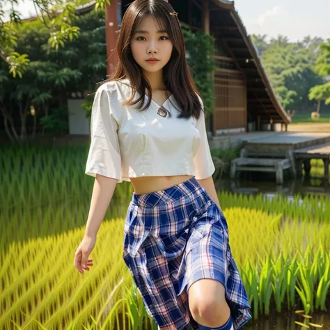 A woman in a skirt and crop top poses in a rice field., Chinese girl, young asian girl, Thai anime girl, a young asian woman, beautiful south korean women, Korean girl, Attractive posture, Gorgeous Chinese model, Japanese model, lovely young woman, หญิงKor...