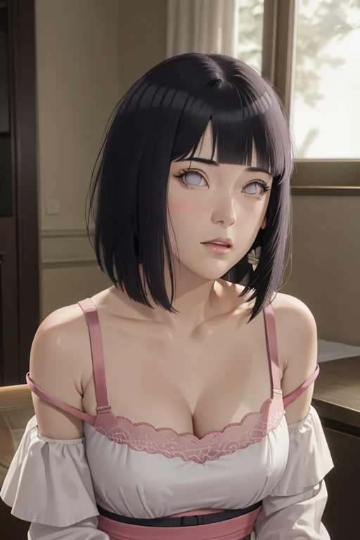 masterpiece, absurdres, hinata(boruto), 1girl, solo,mature female, off-shoulder strap bra, high waist short skirt, looking at viewer, perfect composition, detailed lips, big breast, beautiful face, body propotion, blush, (pink lips), long hair,  purple eye...