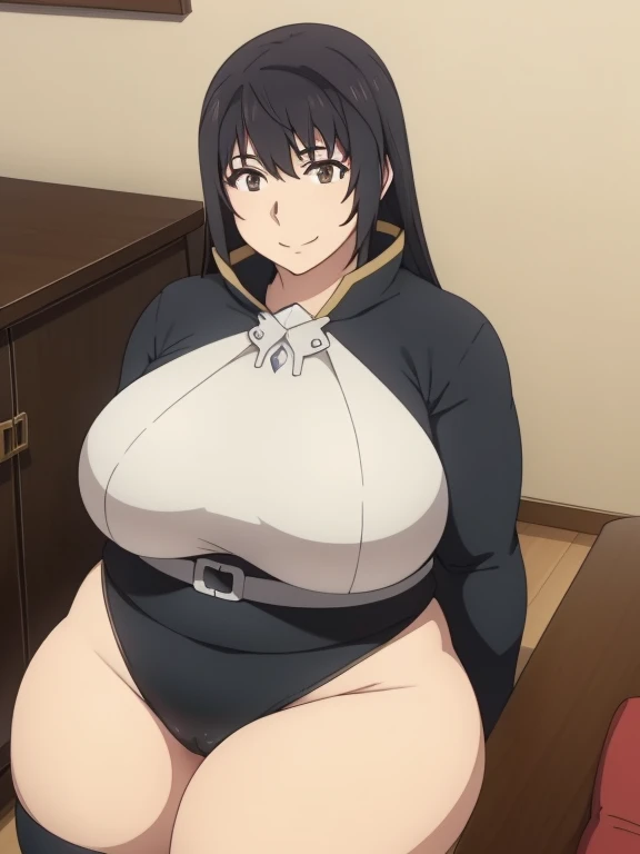 Plump black hair brown eyes happy smile big plump Big breast 21 year longer hair leotard