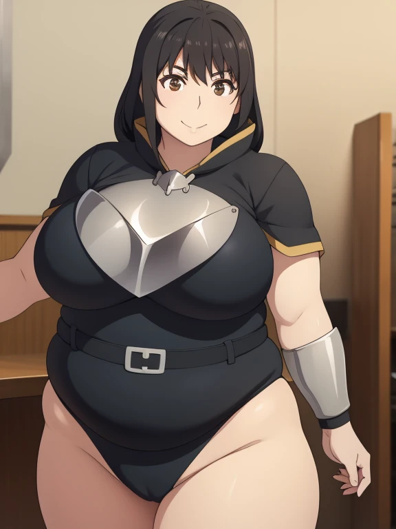 Plump black hair brown eyes happy smile big plump Big breast 21 year longer hair leotard armor