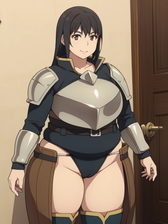 Plump black hair brown eyes happy smile big plump Big breast 21 year longer hair leotard armor