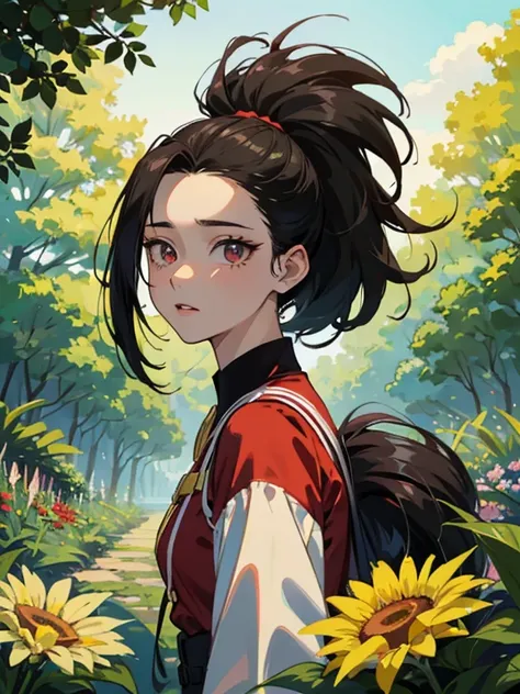 Obra de arte, mejor calidad,  yaoyorozu momo, (momo yaoyorozu:1.2), pelo largo, golpes, pelo negro, cola de caballo, (ojos negros:1.5), high cola de caballo, wide cola de caballo, falda roja, torso, de pie, mirando al espectador, nervioso,In a lush and flo...