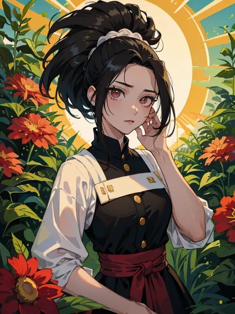 Obra de arte, mejor calidad,  yaoyorozu momo, (momo yaoyorozu:1.2), pelo largo, golpes, pelo negro, cola de caballo, (ojos negros:1.5), high cola de caballo, wide cola de caballo, falda roja, torso, de pie, mirando al espectador, nervioso,In a lush and flo...