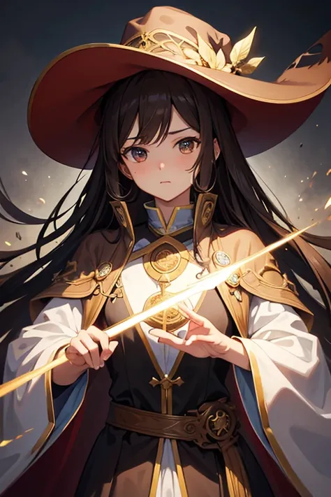 masterpiece, highest quality, High resolution，Anime Style、Brown Hair、Long Hair、Wizard、Robe、hat