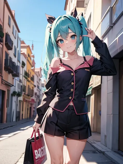 1 chica,solo,de pie,Pechos grandes, escote, 
shorts de mezclilla, camisa colorida con hombros descubiertos, ombligo, calzas con ribetes de encaje, brazos a los costados, sonrisa ligera, Hatsune Miku, vista de cuerpo completo, en una calle de la ciudad mode...