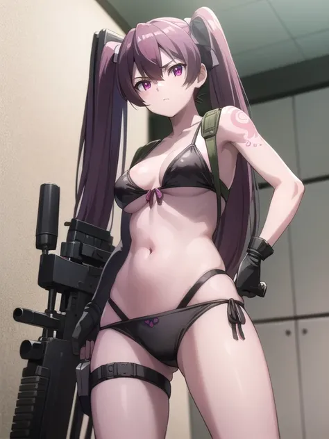 1 girl, agkmine, mine, pelo largo, twin tails, cabello rosado, (Ojos rosados:1.3), ROMPER bikini ,Pistola gatling, carcasa, mirando al espectador, golpes, ammunition belt, guantes,sagging breasts,disparo,En la imagen, A beautiful girl in a bikini with a Ja...