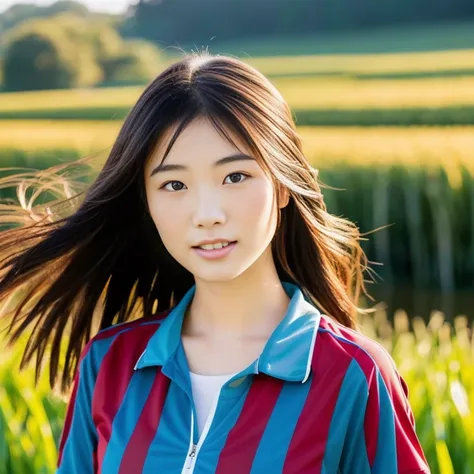 Close-up of a young woman with long hair in a rice field, Portrait of a Japanese teenager, Shiho, Japanese Farmer, young asian girl, aoshima Shiho, Yoshitomo Nara, Lalisa Manoban, Young idol gravure, The face of a beautiful Japanese girl, Iwakura was sleep...