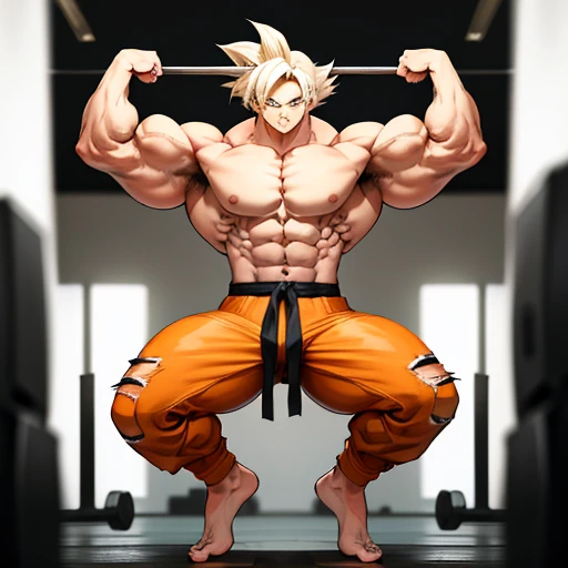 (Eine detaillierte Zeichnung von goku, Bodybuilding-Fitnessstudio.), With a naked torso, Ripping clothes, the strongest of all, huge muscular body, big Bizeps, big shoulders, pecs bounts, Muskelbeine,Abs, Barefoot, Kampfkunst, hoher Tritt, Full body image,...