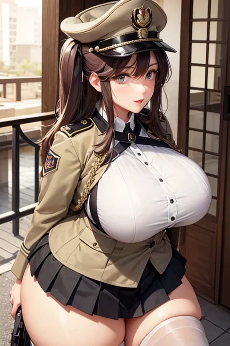 Huge mom with very big and huge breasts with bra uniform tactical  very beautiful and very pretty and very detailed on the head pleated skirt khaki uniform desert shako helmet