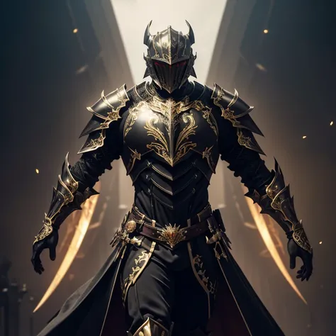 master piece, best quality, 4k, (master piece:1.5), (best quality:1.5), 8k,wallpaper, Full Body, ethereal lighting, sharp focus, Full Body, A Male dark fantasy knight wearing an intricate elaborate black red chest light armor with gold ornaments, no helmet...