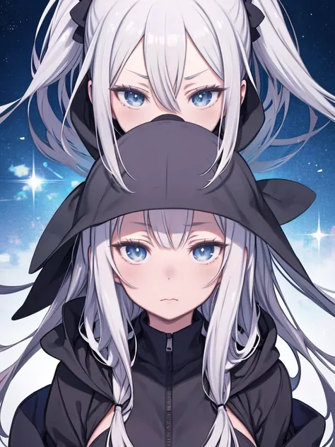 Silver hair and eyes、Black hoodie, Cute girl anime visuals, Anime movie screenshots, & Her expression is solemn, Ahegao, In anime movies, In anime, Young woman anime visual, She has a pretty, expressive face, A still from the anime, Perfect breasts、Anime g...