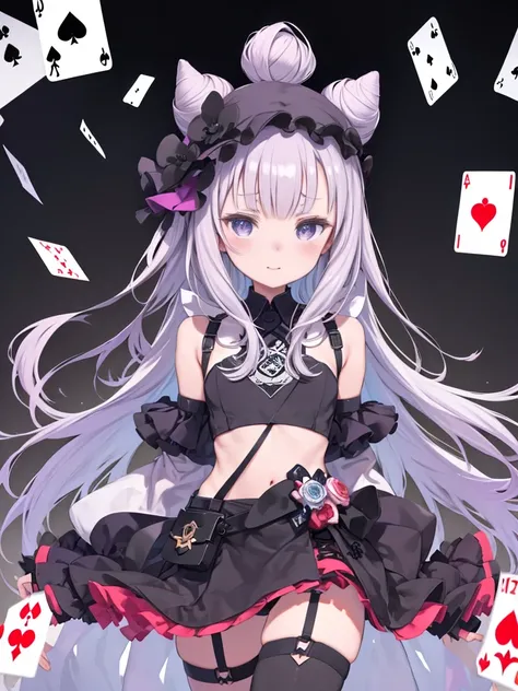 Anime illustration、girl、Her hair color is white and light purple、Clothes look like a gamble、Too much exposed waist、thigh garter belt、Little sister style、Make sure your whole body is visible、Upward glance、A little troubled face、A half-crying smile、Voluminou...