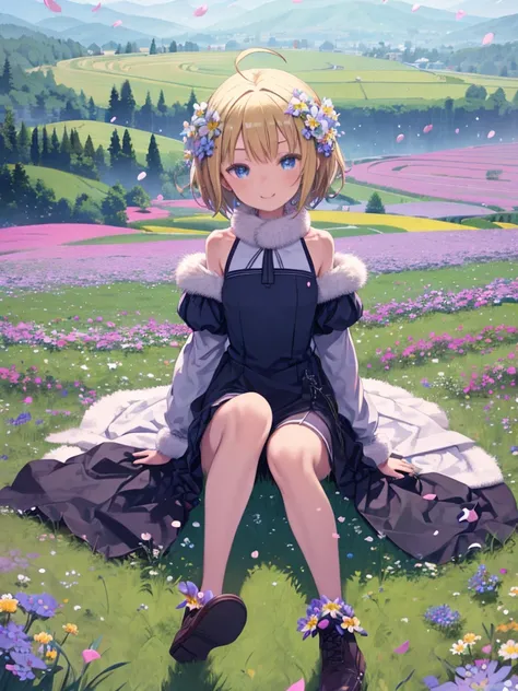 masterpiece, highest quality, One girl, Sitting, Ahoge, Blonde Hair, blue eyes, Fur collar, Fur trim, Grass, short hair, smile, alone, trembling, whole body, shoes, null, Mountain, forest, (Flower Field:1.5), (Falling petals:1.3),