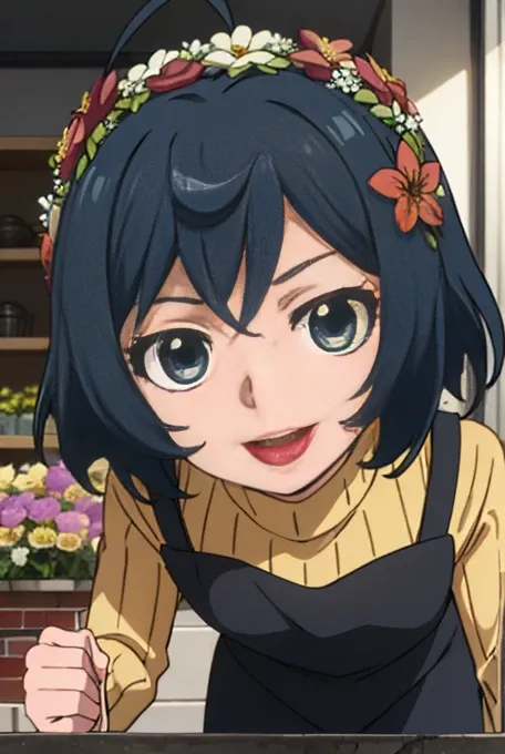 uiharukazari, uiharu kazari, (black eye:1.5), black hair, flower, hair flower, hair ornaments,open mouth smile,flower wreath on ...