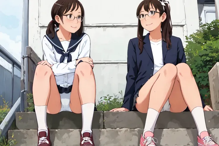 highest quality, Ultra-high resolution, (Realistic: )2D official style cel animation,((２Girls sitting in a row))Primary school students、Brown、ponytail、White Big Ribbon、Glasses、Check mini skirt,summer shirt,Unbutton、(Lace panties),loose socks,sneakers,Full ...