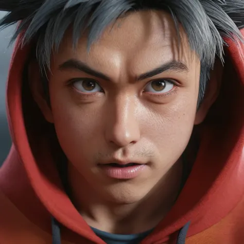 Close-up of a man wearing a red hoodie and red shirt., Goku, a realistic human, 8k highly detailed face, With a very detailed face., Realistic 3D anime, Hyper-realistic anime, 8K vertical rendering, hyper realistic cg, Akihiko Yoshida. unreal engine, Reali...