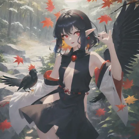 (One girl:1). masterpiece, magnificent, best quality, full body. Maple forest. (Standing). (Black hair, bushy hair, fluffy hair), red eyes, elf ears, (crow wings). (Thin waist, small hips). maple leafs. (Bright colors) .(Perfect hips). (Tengu clothes, teng...