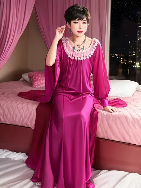 male crossdressing wear long dress, male body, mature male, on bed, bedroom, pink lips, night, sleep,