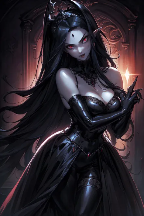 absurdres, ((stunning female Vampire))), goth Renaissance, (long black hair:1.erfect and detailed angular sharp oval shaped face, ((redeyes)), jewelry, red and black tetradic colors, full lips, gothic castle background, (solo), perfect anatomy, approaching...