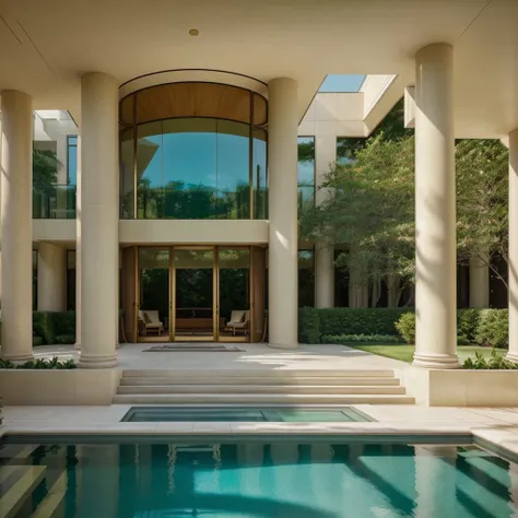 a majestic modern mansion standing tall amidst a lush, expansive garden, clean contemporary architectural lines accentuated by large windows allowing abundant natural light to pour in, the facade clad in premium materials like marble and glass reflecting t...