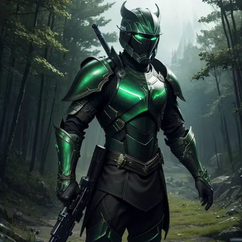 master piece, best quality, 4k, (master piece:1.5), (best quality:1.5), 8k,wallpaper, Full Body, ethereal lighting, sharp focus, Full Body, A short brown hair Male dark fantasy warrior wearing a black and green light armor with small accents, no helmet, ho...