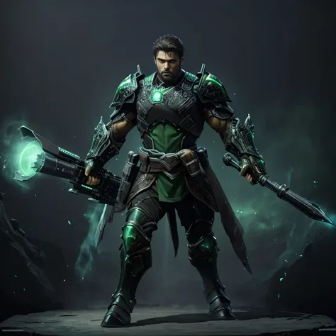 master piece, best quality, 4k, (master piece:1.5), (best quality:1.5), 8k,wallpaper, Full Body, ethereal lighting, sharp focus, Full Body, A short brown hair Male dark fantasy warrior wearing a black and green light armor with small accents, no helmet, ho...