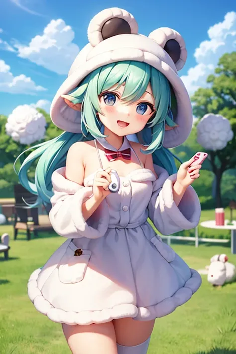 Animated character wearing a sheep-shaped hat, Have a game controller in your hand, Lively and cute expression, High quality work, sheep