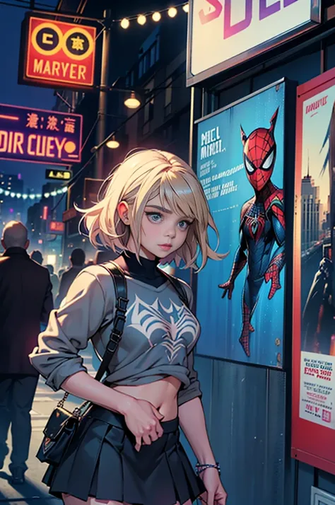 Chloe Grace Moretz、マーベルコミックの映画Poster、so beautiful、Movies about Spider-Man、sexy、whole body、Wearing a skirt、Premiere Date、Poster、belly buttonを突き出す、new york、She&#39;s wearing a ripped Spiderman suit、The suit is torn、Wearing a skirt、Red and black color scheme、...