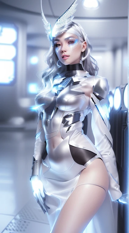 Ultra realistic,professional portrait  of a woman with a silver make up and a veil, futuristic look, white cyborg fashion shot, fashionable futuristic woman, wearing futuristic, cyborg fashion model, futuristic style, futuristic fashion, sci - fi look, cyb...