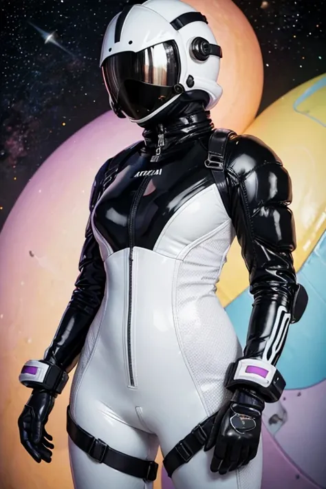 raw photo of a woman in latex space suit with shoulder pads, armadura, grandes botas, cuello, sticky mechanical details, Alta moda, cara linda, tiro sincero, lujo, colores pastel, fondo borroso