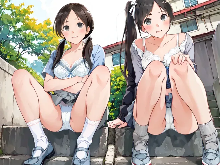 highest quality, Ultra-high resolution, (Realistic: )2D official style cel animation,((２Girl sitting in a row))high school girl、Twin tails、White Big Ribbon、Grey mini skirt,summer shirt,Unbutton、(Lace panties、Lace bra),loose socks,Full body portrait,(From b...