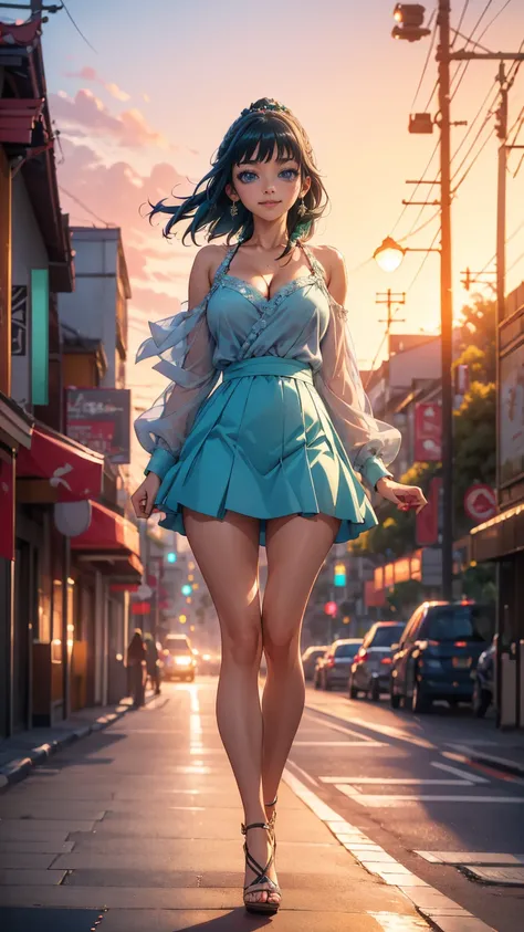 ((Best quality)), ((masterpiece)), (anime), a beautiful sexy woman walking  in a short skirt, a blouse and high platform heels, blue eyes, green hair, smooth skin, cleavage, ((full body)), smile, shoulders exposed, anime, green eyes, maomao, Under street l...