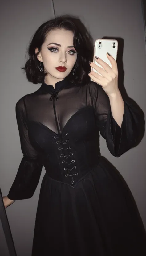 hiper realistic and natural picture, girl taking a selfie in the mirror, wearing black modest goth dress that covers her entire ...