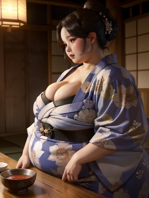 Beautiful woman, detailed face, updo hair, (yukata), tight belt, Japanese garden, bbw, morbidly obese, round belly, weight gain, (high quality lighting), drinking sake 