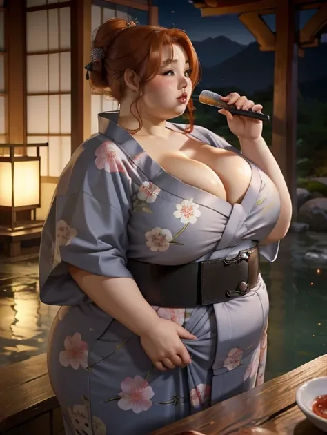 Beautiful ginger woman, freckles, updo hair, (yukata), tight belt, outdoor Japanese garden, bbw, morbidly obese, round protruding belly, weight gain, (high quality lighting), drinking sake, blushing 