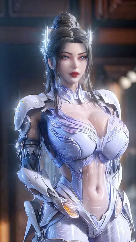 Beauty,Full body close-up,Solitary,(Beautiful white hairstyle,Mecha Phoenix Helmet), (Huge fake breasts,cleavage top,Muscle Abs:1.5), ((Wear amethyst sparkling futuristic mech mini bikini:1.5,Purple pattern high heels)),(Muscular perfect body mature woman:...