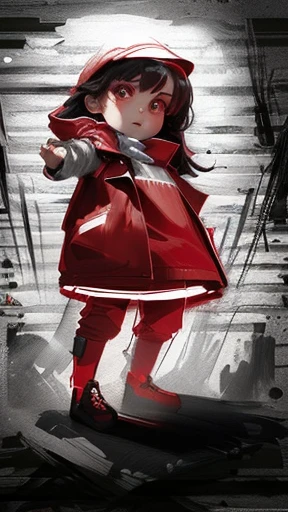 a drawing of a girl in a red dress and a black and white background, grayscale phtoto with red dress, red clothes, wearing a red gilet, crimson clothes, red vest, rough sketch, colored screentone, sketchy, scribbled, urban girl fanart, digital illustration...