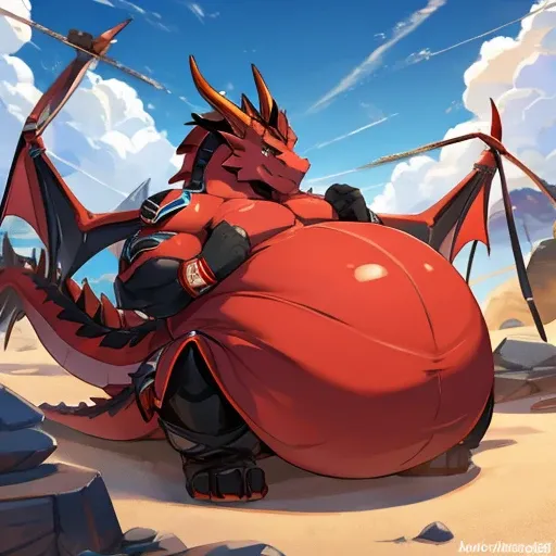 A fat black and red dragons inflating belly on the verge of bursting 