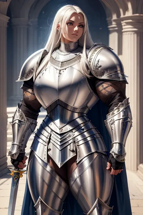 ((((massive, tall, beautiful, buff, muscular light brown skinned female knight with white hair, black lipstick, ginormous bulky ...