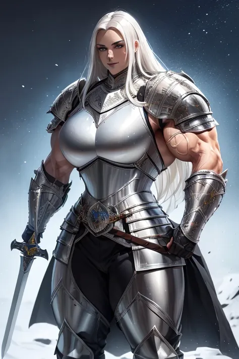 ((((massive, tall, beautiful, buff, muscular light brown skinned female knight with white hair, black lipstick, ginormous bulky ...