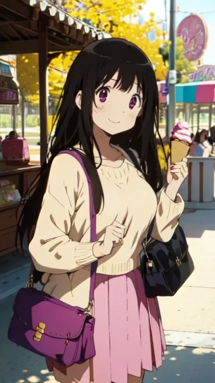 Chitanda El,A big smile,Blonde Sweater,Black Skirt,Purple Eyes,Black Hair,long hair,Pink shoulder bag,amusement park,Ice cream on the left