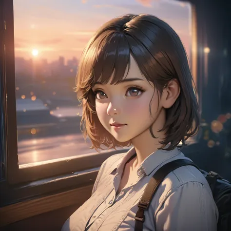 1girl on a train looking out the window, detailed anime portrait, lofi portrait at a window, beautiful anime girl, lofi portrait...