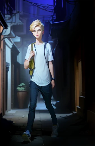 a cartoon image of a man walking down a street with a backpack, concept art of single boy, point-and-click adventure game, fullbody portrait, standing in a dark alleyway, full body portrait, young blonde boy fantasy thief, character full body portrait, ins...