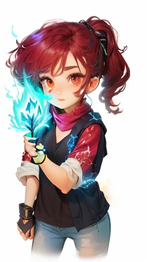 a drawing of a girl with a blue light in her hand, a friendly wisp, she has fire powers, colored sketch, maya ali as a lightning mage, chibi, inspired by Aquirax Uno, tiny firespitter, digitally colored, aura of magic around her, colored, inspired by Kun C...